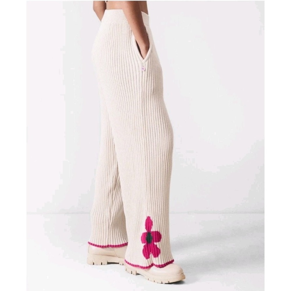 Nicobar Rib Knit Organic Cotton Floral Pants Womens Med Ivory Elastic Waist NWT
